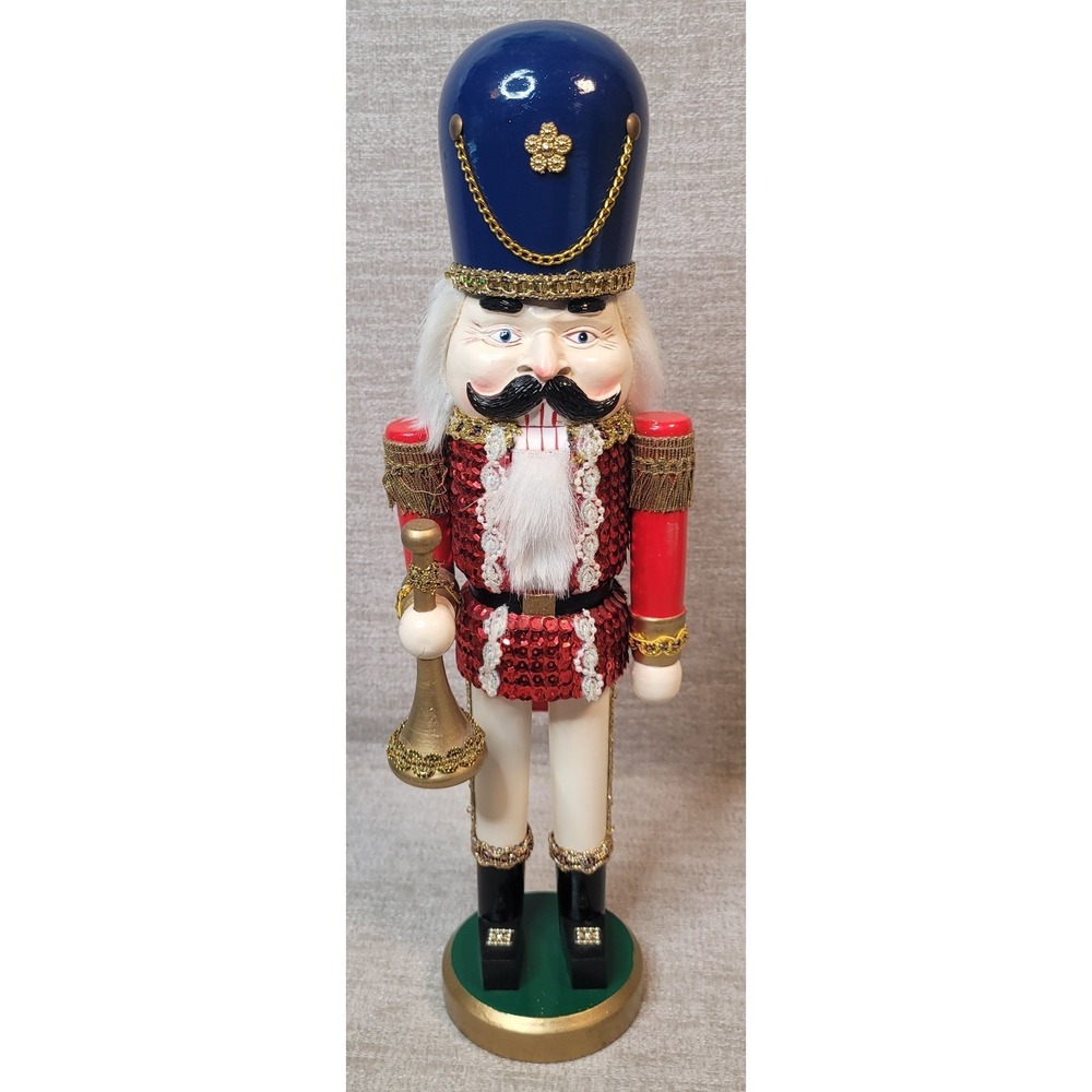 Vintage Michaels Wood Nutcracker Soldier Sequins 14 1/2" Unique Face Horn